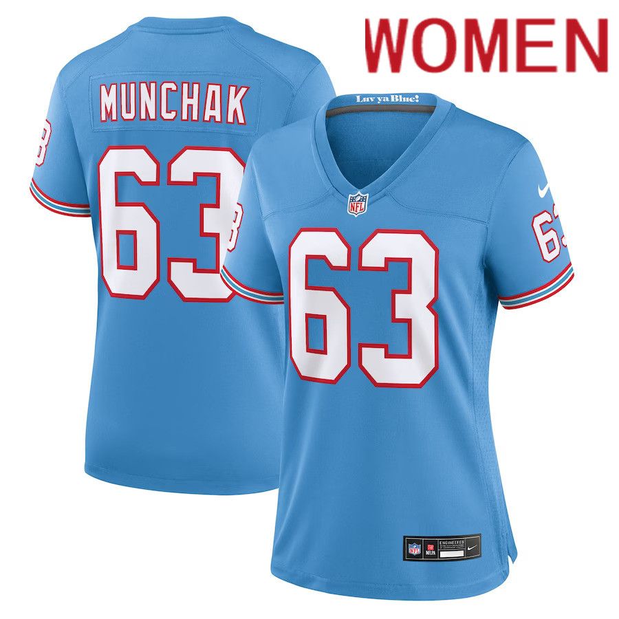 Women Tennessee Titans #63 Mike Munchak Nike Light Blue Oilers Throwback Retired Player Game NFL Jersey